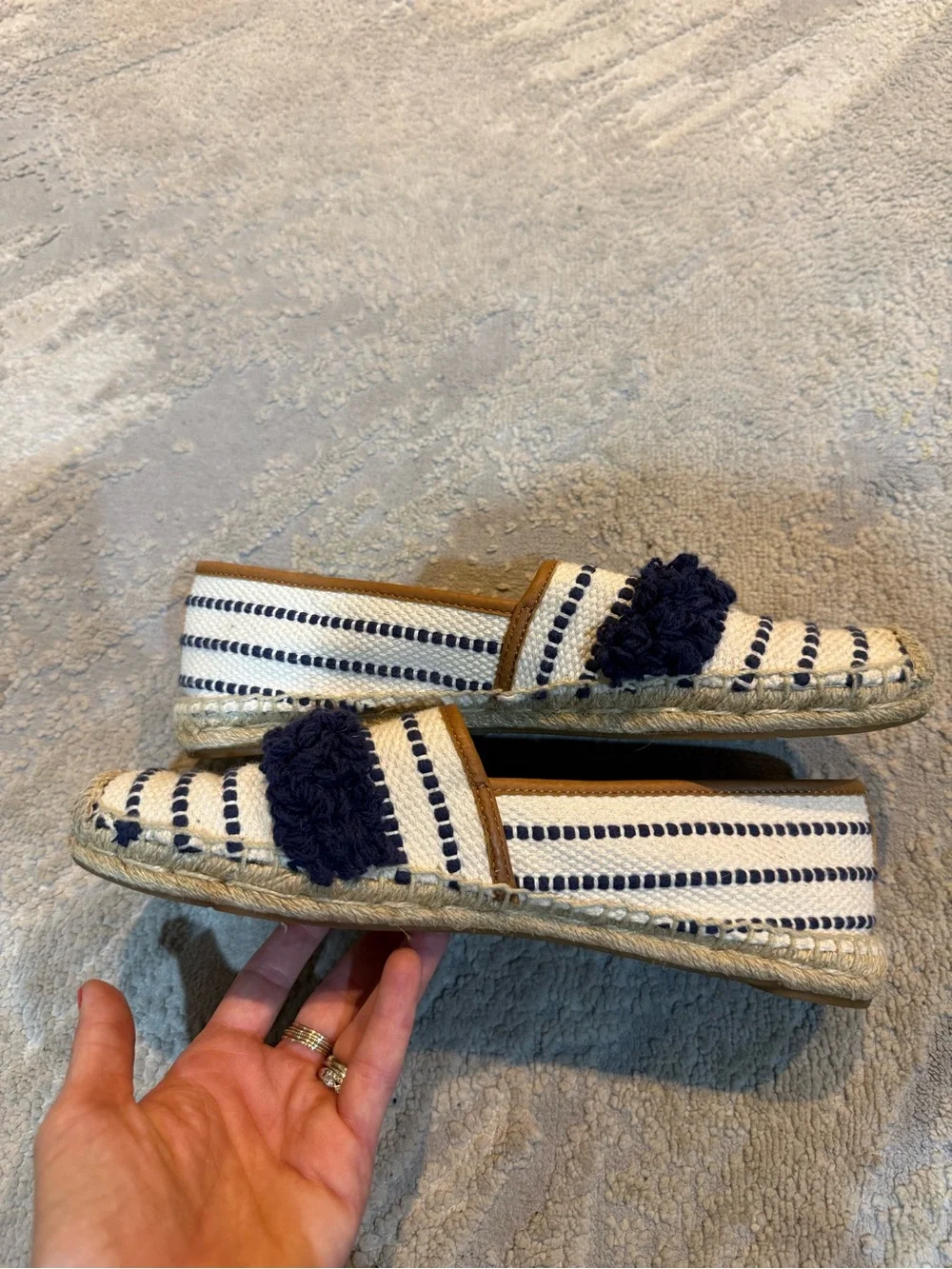 Tory Burch Shaw Fringe Espadrilles Navy Cream Stripe Slip On 10.5